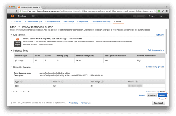 Launching your g2.2xlarge Amazon EC2 instance