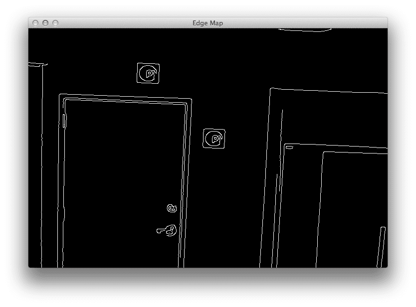 Figure 4: An example of one of the edge maps generated from a single frame. Notice how the outlines of the door, door handle, and targets are revealed.