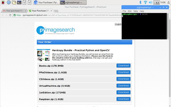 Figure 7: Downloading the source code from Practical Python and OpenCV using the Raspberry Pi web browser.
